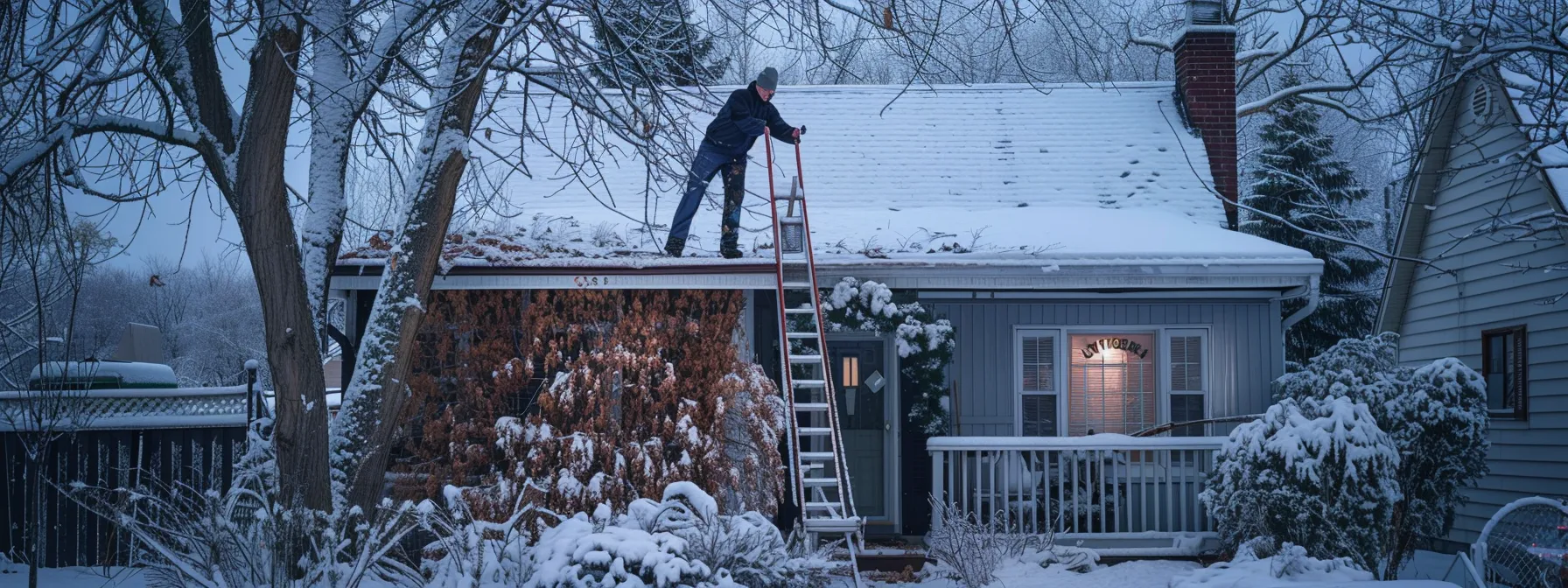 a homeowner standing on a ladder, diligently removing leaves and debris from the gutters of their house to prevent ice dams and blockages.