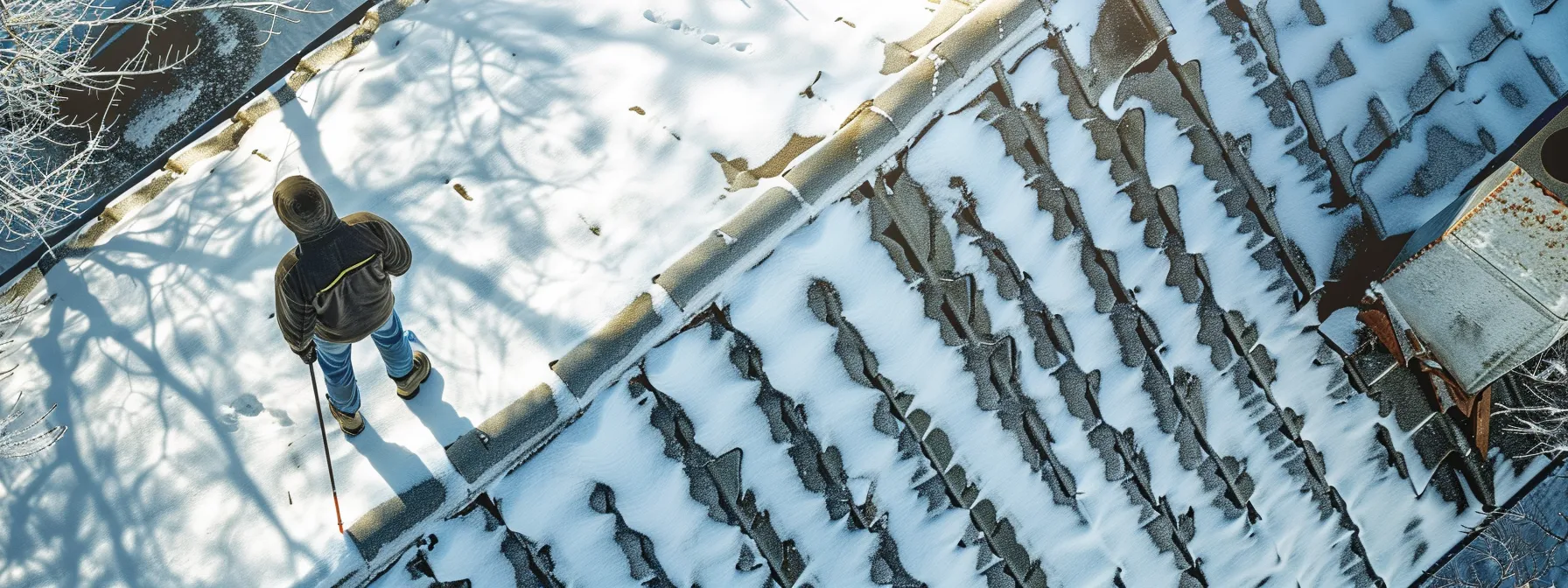 a professional roofer inspecting a sturdy roof covered in snow, ensuring it's winter-ready for the season ahead.