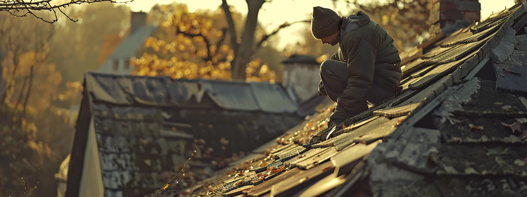 a roofer carefully inspecting a weathered shingle for signs of damage before winter arrives.