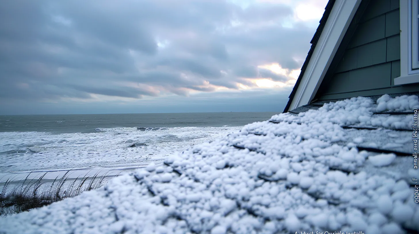 Snow on a shingle roof in front of atlatic ocean on wrghtsville beach nc. Make it look like a real life phot. (Add to the picture verbiage that say "40°F and Rising: A Must for Quality Shingle Installs") make it so the words stand out