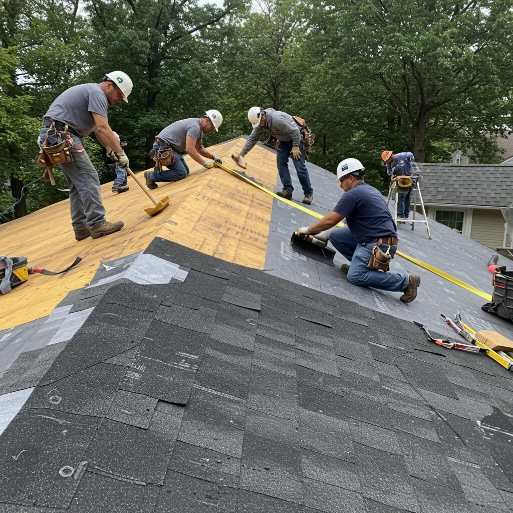 Contractors installing a fortified roof, illustrating the installation process and teamwork involved
