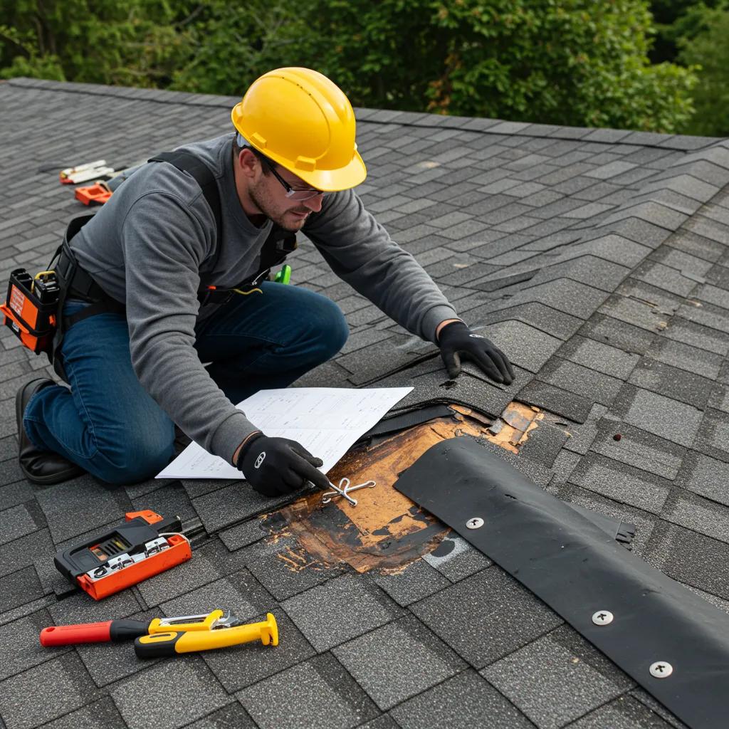 Professional roofing inspector assessing roof damage to determine insurance claim value