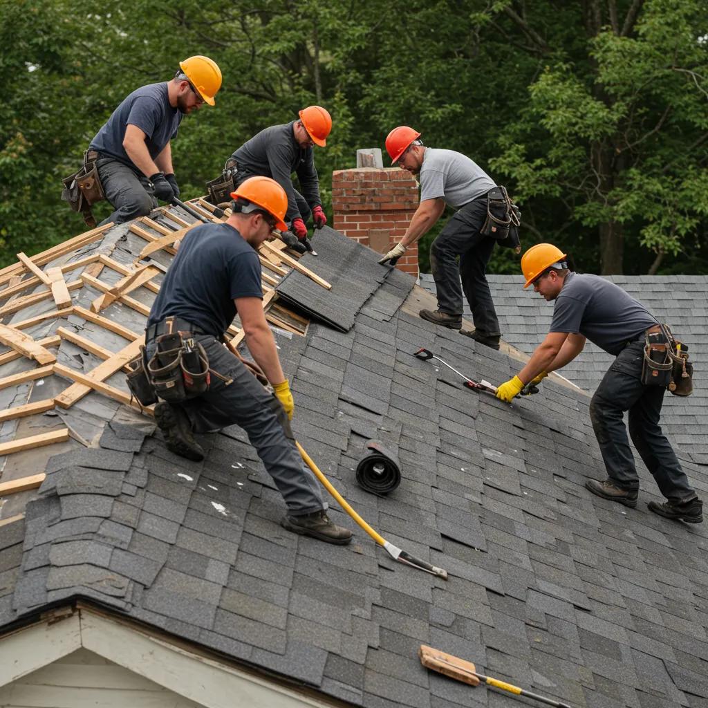 Team of roofers replacing an old roof, illustrating the roof replacement process and teamwork